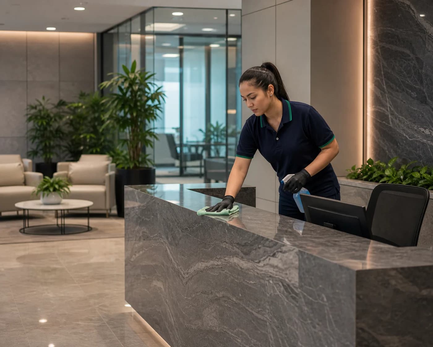 Gym reception desk and entry sanitising — high-touch surfaces cleaned